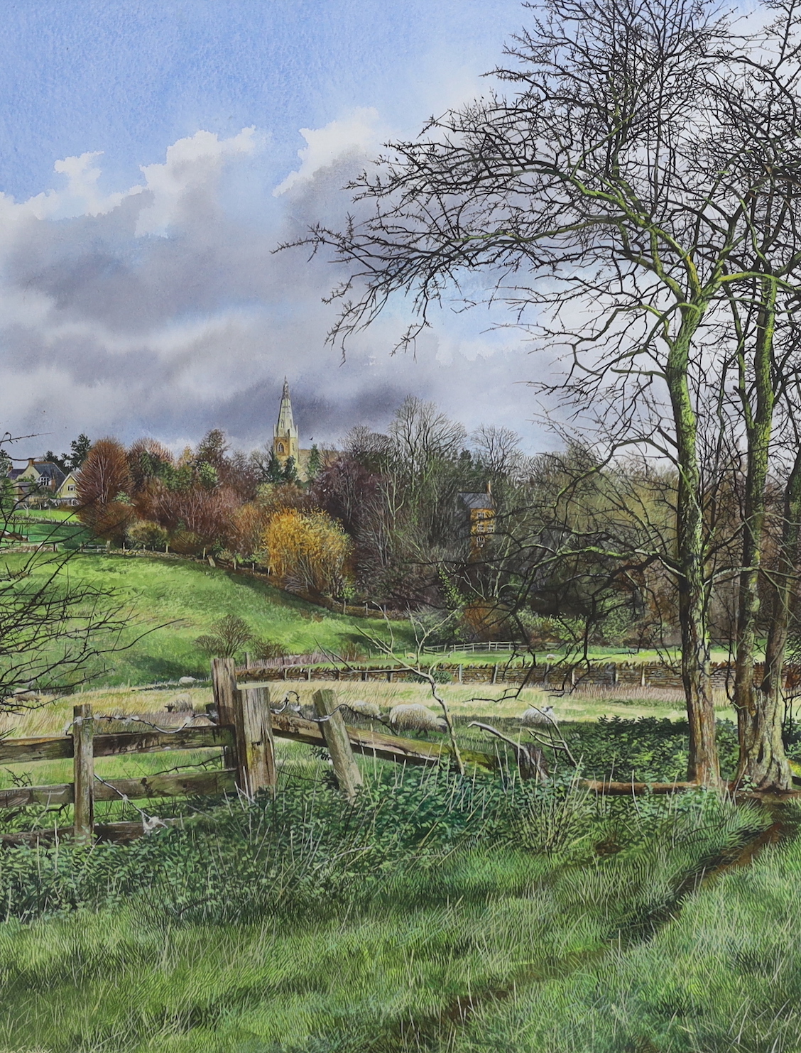 Martin Taylor (b. 1954), finely detailed watercolour, 'Brixworth Church from Reg's Field', signed and inscribed label verso, 45 x 35cm